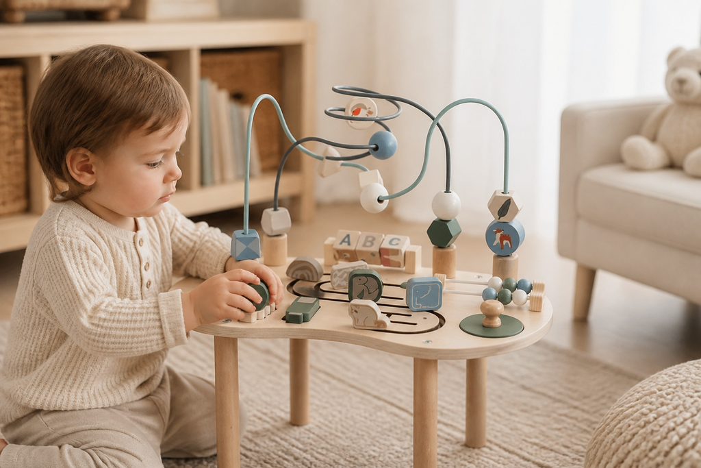 Table d'activités Montessori en bois fond blanc avec logo Moli & Liv